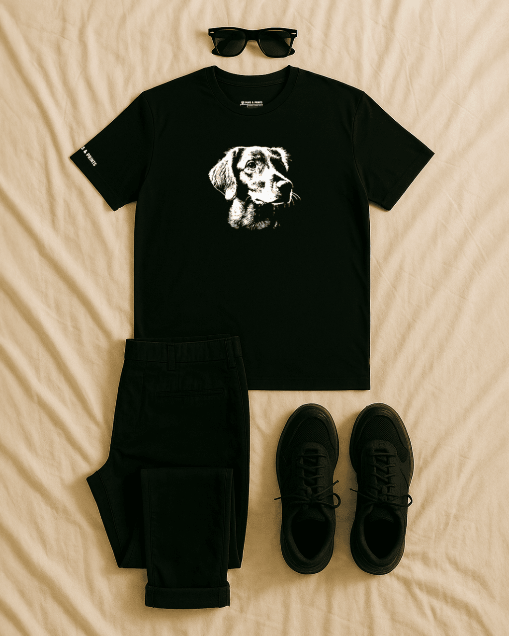 Outfit con camiseta hombre corte slim fit color negro con estampado “ mirada de perro labrador” de paws & prints