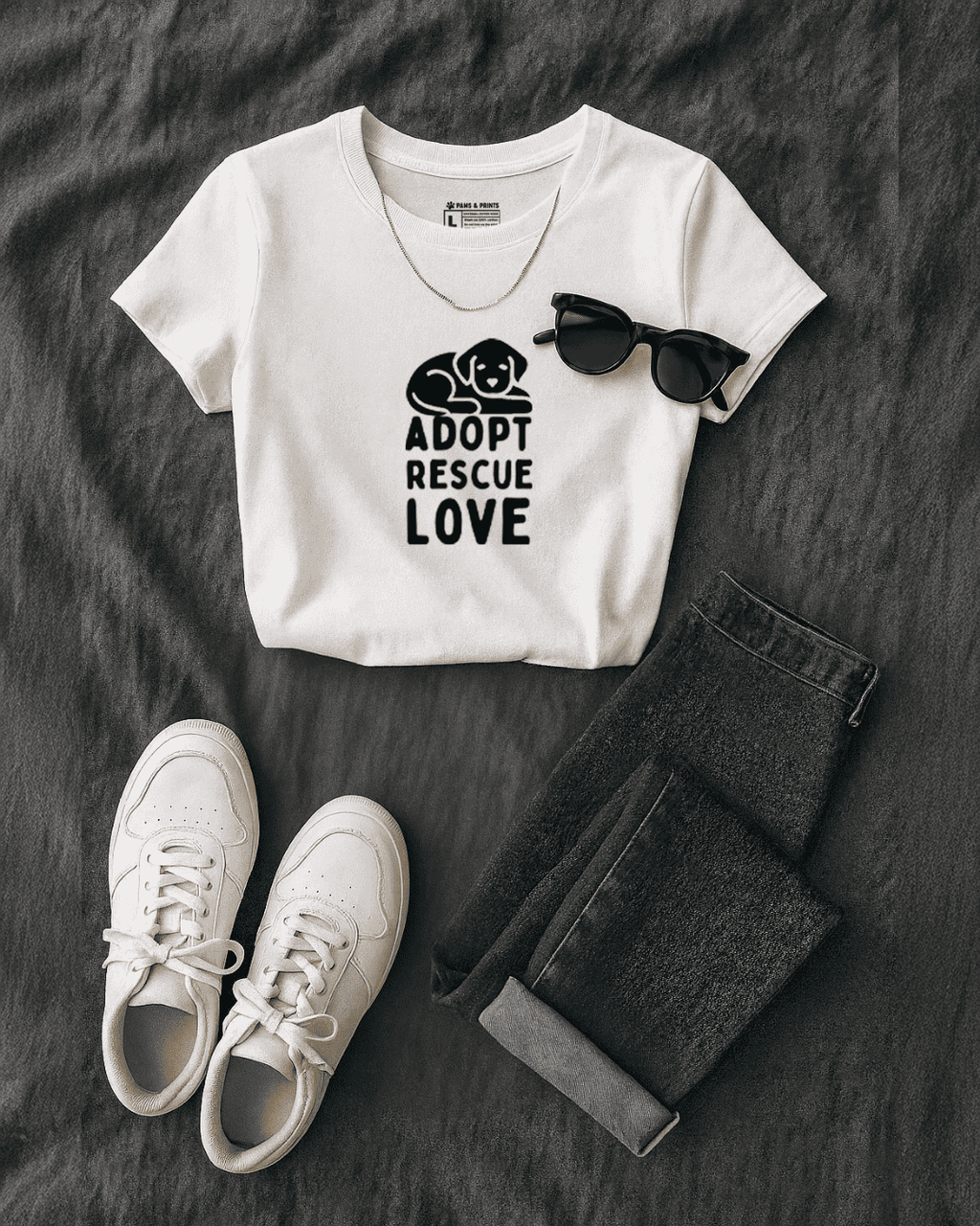 Outfit con camiseta mujer corte slim fit color blanco con estampado “adopt rescue love” de paws & prints