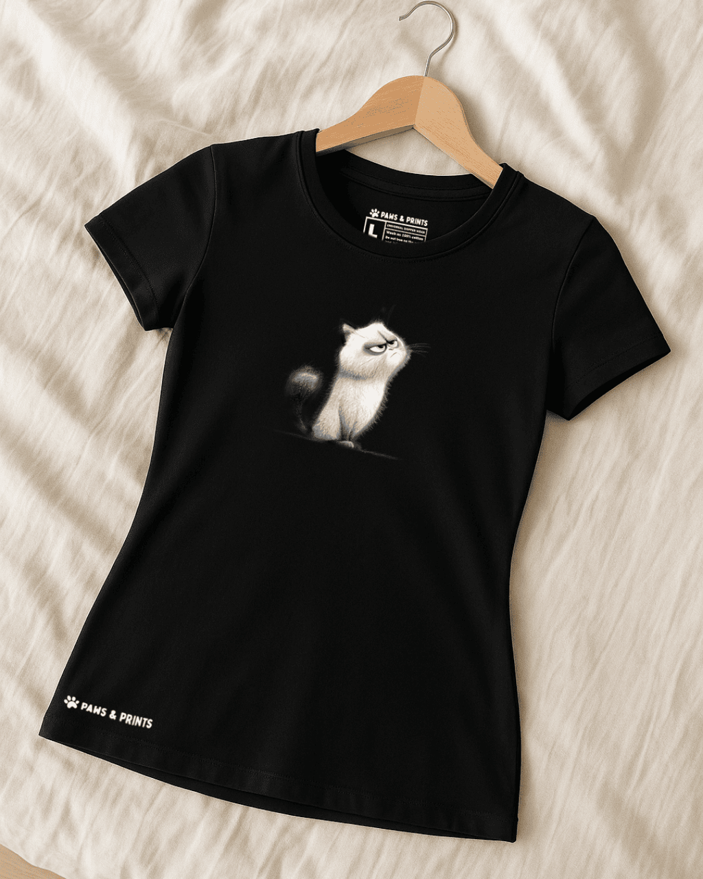 Camiseta mujer corte slim fit color negro con estampado “gato” de Paws & Prints
