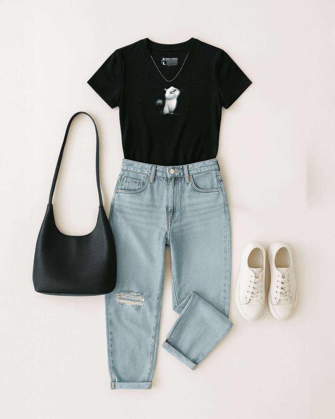 Outfit con camiseta mujer corte slim fit color negro con estampado “ gato” de paws & prints