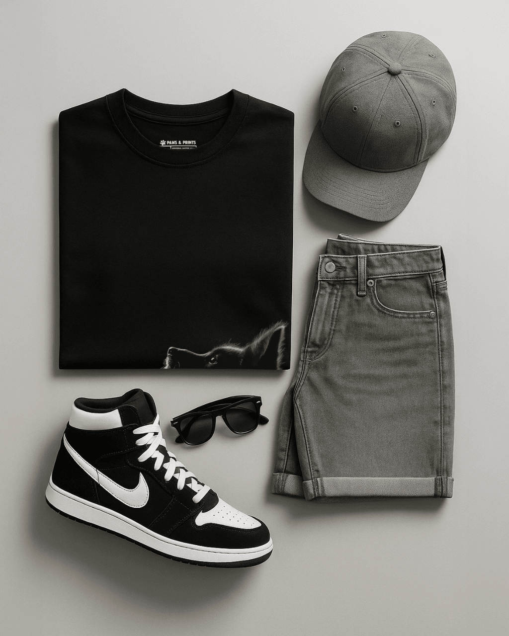 Outfit con camiseta hombre corte slim fit color negro con estampado “perro lobo en contraluz” de paws & prints