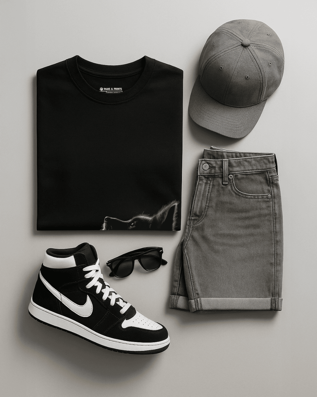 Outfit con camiseta hombre corte slim fit color negro con estampado “perro lobo en contraluz” de paws & prints