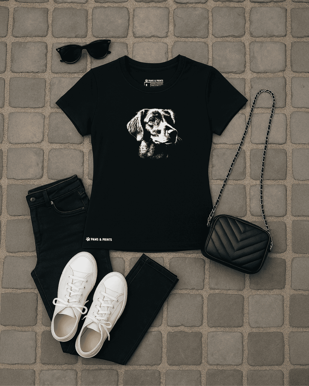 Outfit con camiseta mujer corte slim fit color negro con estampado “cara de perro labrador” de paws & prints