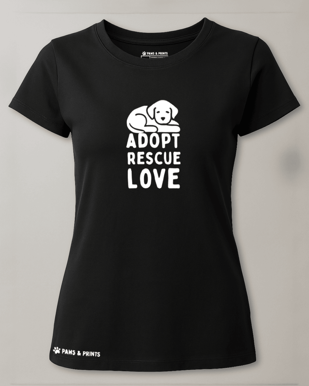 Camiseta mujer corte slim fit color negro con estampado “adopt rescue love” de Paws & Prints
