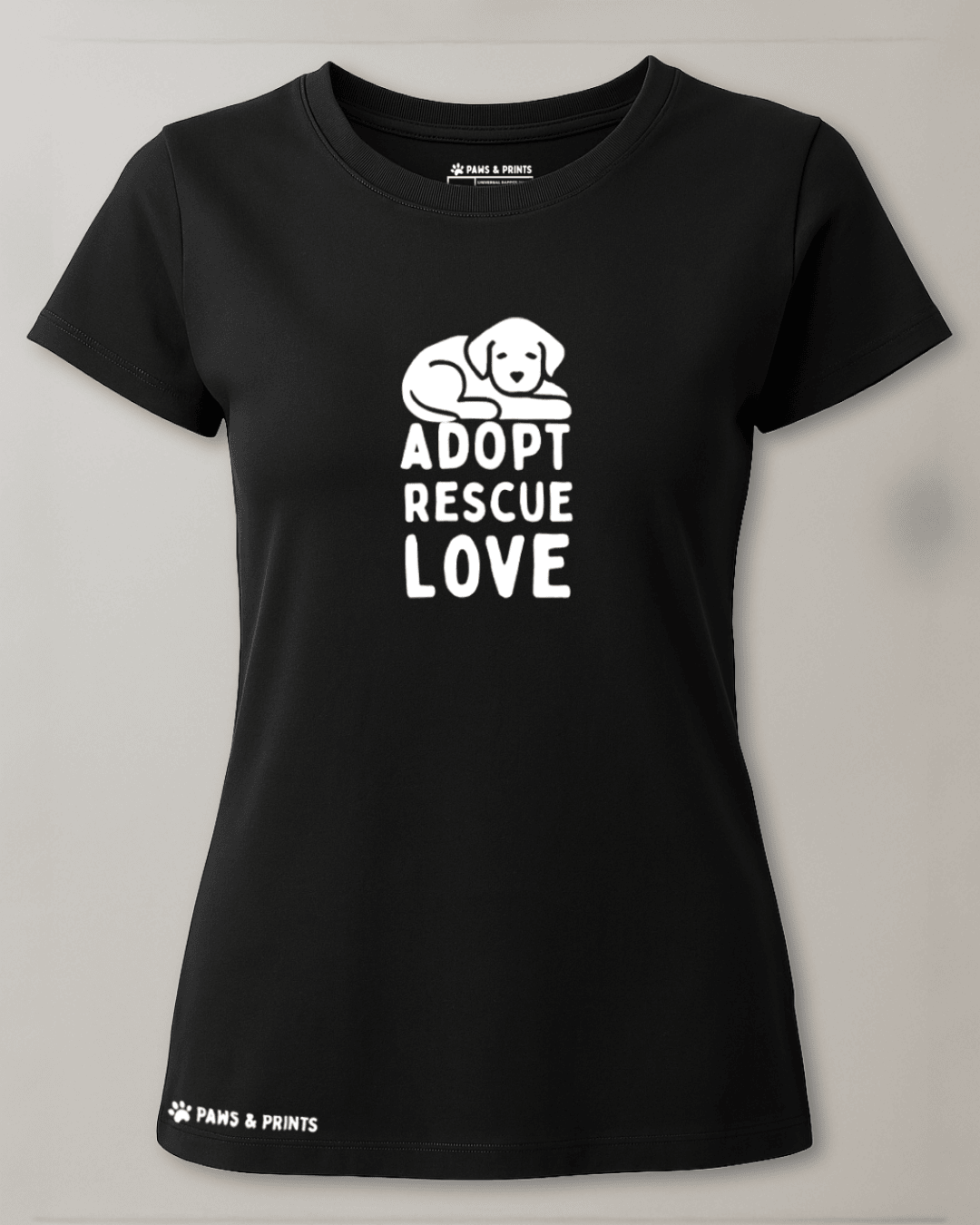 Camiseta mujer corte slim fit color negro con estampado “adopt rescue love” de Paws & Prints