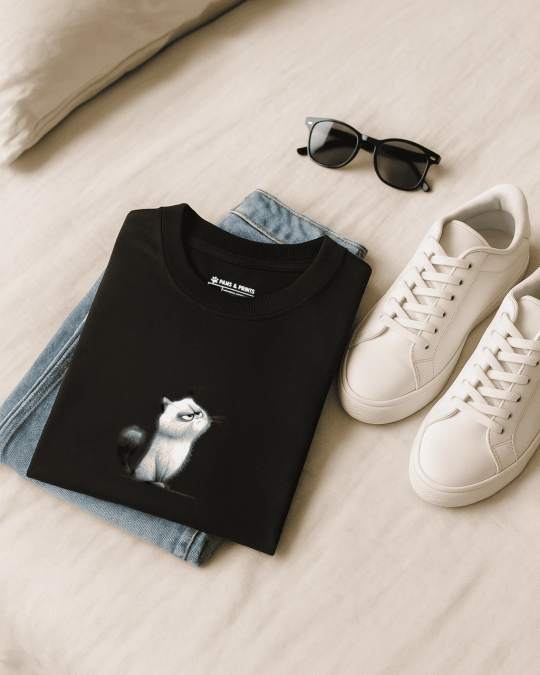 Outfit con camiseta hombre corte slim fit color negro con estampado “dibujo de gato estilo pixar” de paws & prints