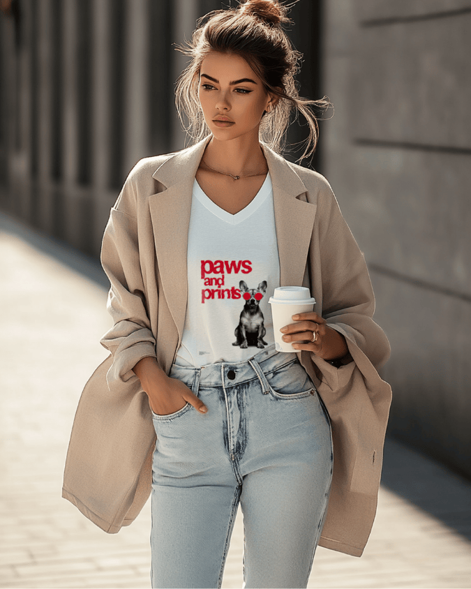 modelo usando camiseta blanca para mujer con estampado de perro con gafas estilo bauhaus