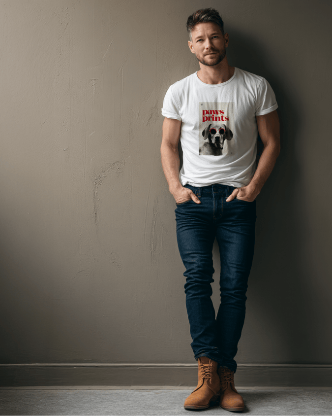 modelo usando camiseta blanca para hombre con estampado de perro con gafas estilo bauhaus