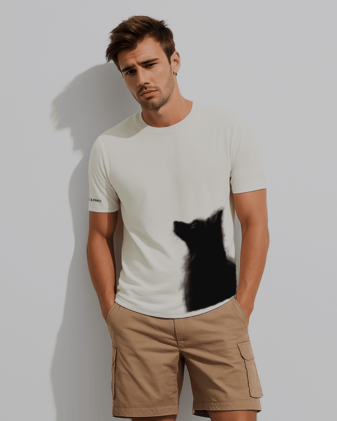 Modelo usando camiseta hombre corte slim fit color blanco con estampado de “perro lobo en contraluz” de Paws & Prints en look casual