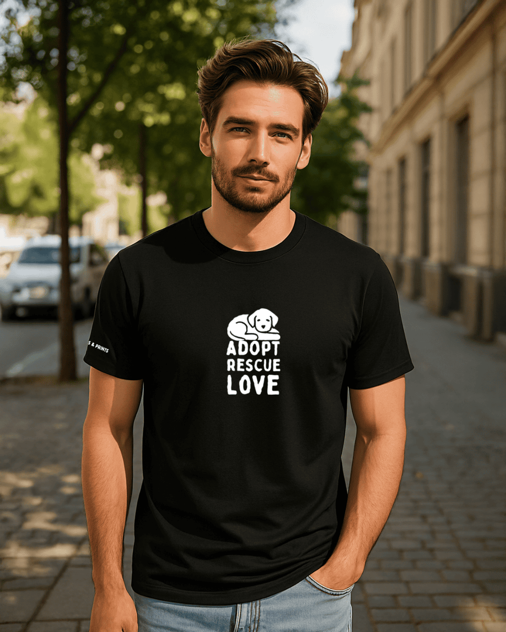 Modelo usando camiseta hombre corte slim fit color negro con estampado de “adopt rescue love” de Paws & Prints en look casual