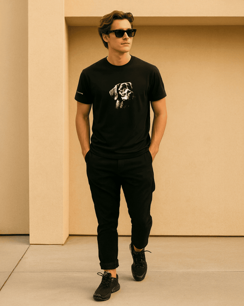 Modelo usando camiseta hombre corte slim fit color negro con estampado de “mirada de perro labrador” de Paws & Prints en look casual