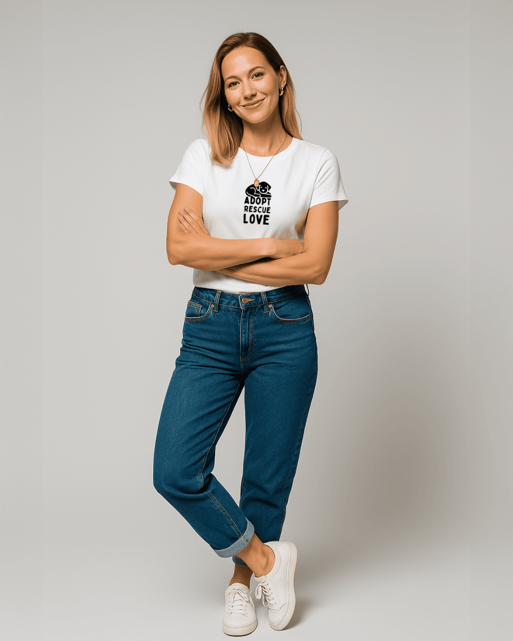 Modelo usando camiseta mujer corte slim fit color blanco con estampado de “adopt rescue love” de Paws & Prints en look casual