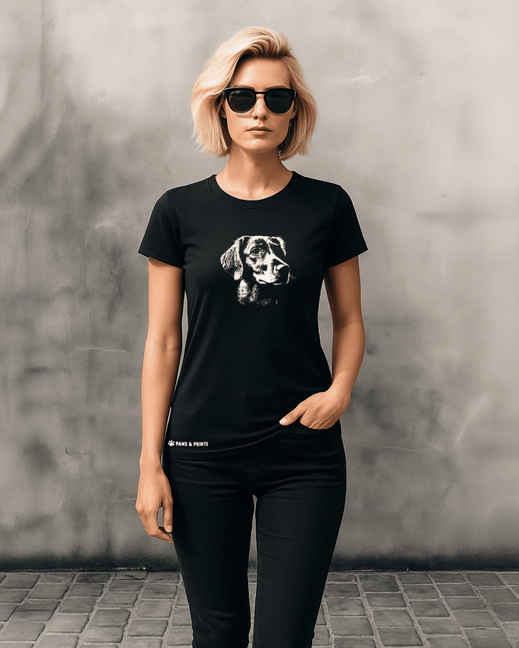 Modelo usando camiseta mujer corte slim fit color negro con estampado de “cara de perro labrador” de Paws & Prints en look casual
