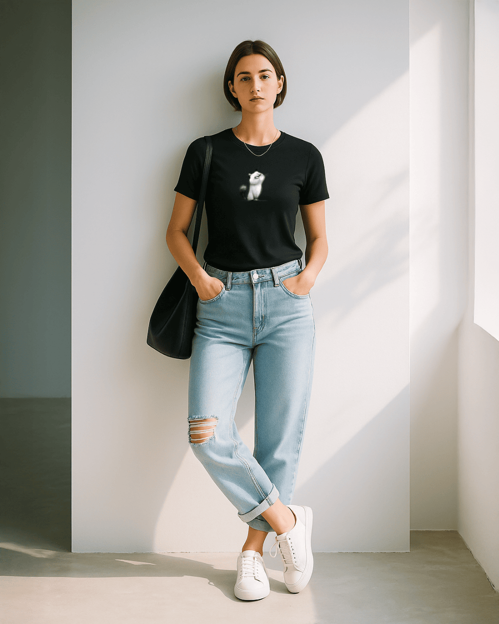 Modelo usando camiseta mujer corte slim fit color negro con estampado de “gato” de Paws & Prints en look casual